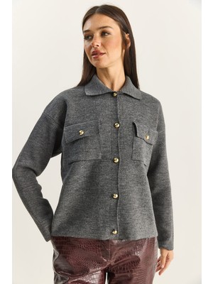 Shade Kadın Gold Düğme Detaylı Cepli Triko Hırka