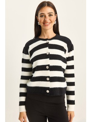 Shade Kadın Çizgili Bisiklet Yaka Sakallı Triko Hırka