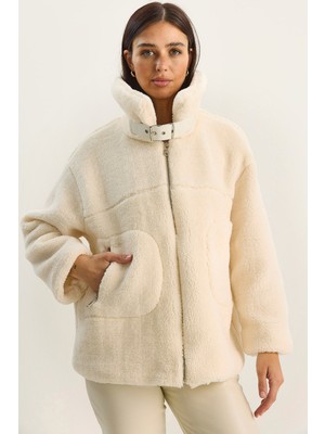 Shade Kadın Yakası Kemer Detaylı Astarlı Cepli Peluş Mont