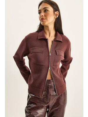 Shade Kadın Çift Cep Detaylı Fermuar Kapamalı Triko Ceket Hırka