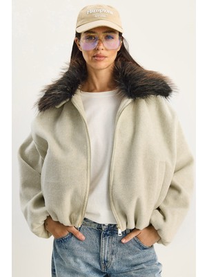 Shade Kadın Seyyar Kürk Yakalı Fermuarlı Kaşe Bomber Ceket