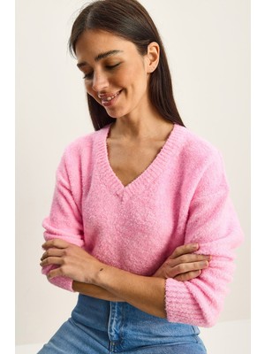 Shade Kadın Kendinden Dokulu V Yaka Kazak