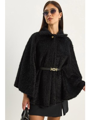 Shade Kadın Tek Düğmeli Beli Kemerli Sakallı Yumoş Panço