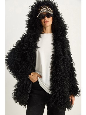 Shade Kadın Çift Düğme Detaylı Kapüşonlu Astarlı Tibet Kaban