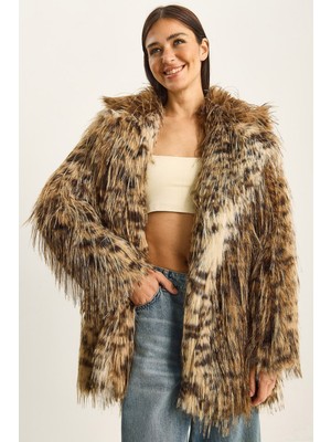 Shade Kadın Leopar Desenli Yakalı Astarlı Premium Suni Kürk Kaban