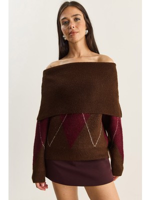 Shade Kadın Madonna Yaka Baklava Desenli Triko Kazak