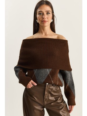 Shade Kadın Madonna Yaka Baklava Desenli Triko Kazak