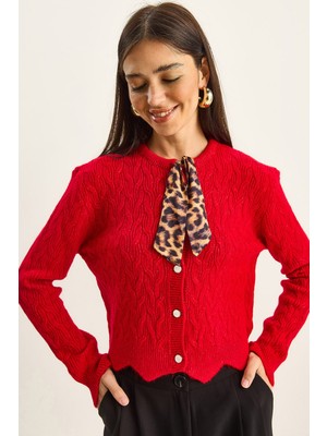 Shade Kadın Saç Örgülü Fular Detaylı Düğmeli Hırka