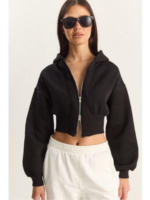 Shade Kadın Fermuarlı Kapüşonlu Belden Oturmalı Esnek Örme Crop Sweatshirt