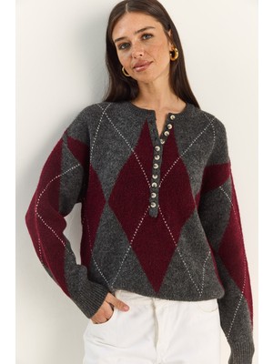 Shade Kadın 11 Düğmeli Baklava Desenli Basic Triko Kazak