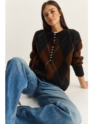 Shade Kadın 11 Düğmeli Baklava Desenli Basic Triko Kazak