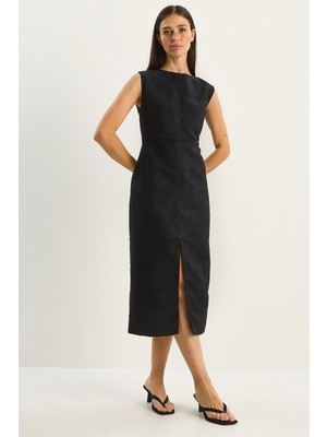 Shade Kadın Yırtmaç Detaylı Dokuma Süet Midi Kalem Elbise