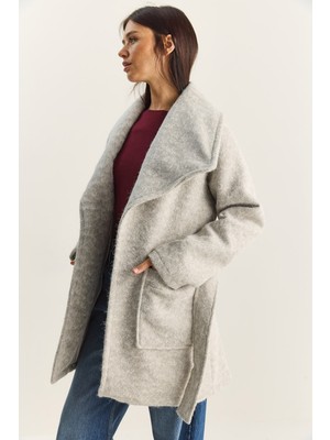 Shade Kadın Kruvaze Yaka Astarlı Kuşak Bağlamalı Kırçıllı Kaşe Kaban