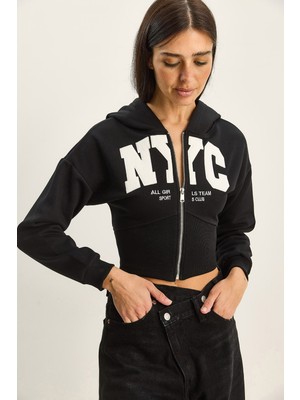 Shade Kadın Nyc Nakışlı Üç Iplik Şardonlu Kapüşonlu Crop Hırka