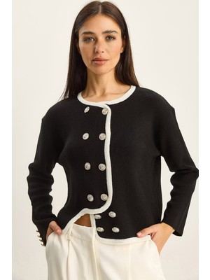 Shade Kadın Gold Düğme Detaylı Asimetrik Kesim Triko Hırka