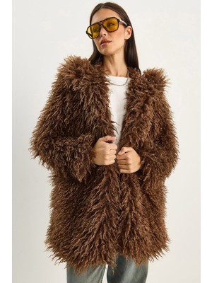 Shade Kadın Çift Düğme Detaylı Kapüşonlu Astarlı Tibet Kaban