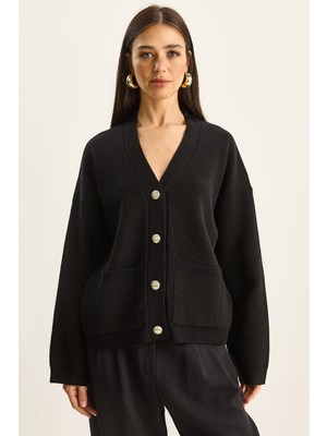 Shade Kadın Düğmeli Cep Detaylı V Yaka Uzun Kollu Triko Hırka