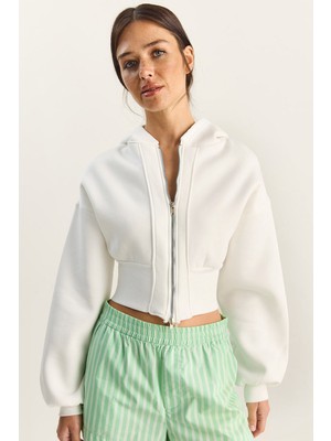 Shade Kadın Fermuarlı Kapüşonlu Belden Oturmalı Esnek Örme Crop Sweatshirt