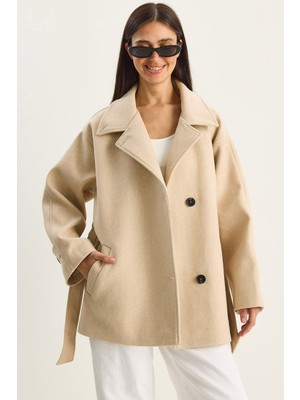 Shade Kadın Kruvaze Yaka Cep Detaylı Kuşaklı Astarlı Kaşe Kaban