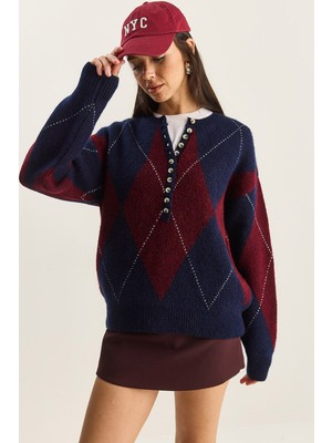 Shade Kadın 11 Düğmeli Baklava Desenli Basic Triko Kazak