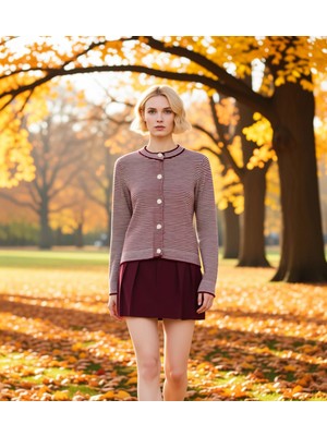 Benerly Kadin Kirmizi Cizgili Bisiklet Yaka Crop Triko Hırka Fonksiyonel Dayanıklı Kaliteli Modern