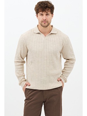 Tarz Cool Erkek Bej Uzun Kollu Polo Yaka Slim Fit Triko Kazak Casual Stil