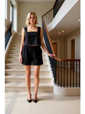 Benerly Kadın Alt Üst Keten Görünümlü Dokuma Bluz ve Şort Takımı Rahat Kalıp Yazlık Günlük Kombinasyonu