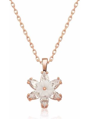 Aya Diamond Gümüş Rose Beyaz Lotus Çiçeği Kolye