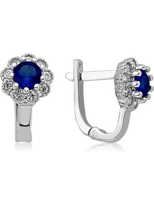 Aya Diamond Gümüş Mavi Çiçek Desenli Yuvarlak J Kadın Küpe