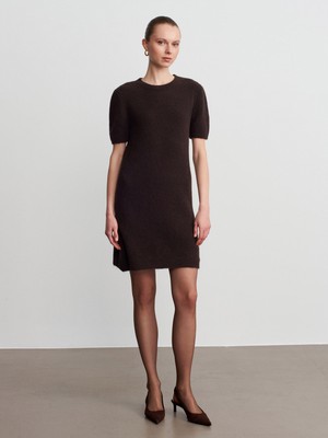 Dilvin 90257 Bisiklet Yaka Yün Karışımlı Triko Elbise-Koyu Kahve