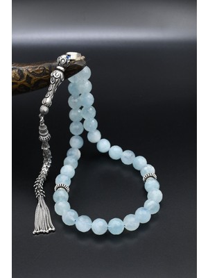 Prestige Gümüş Doğal Akuamarin Taşlı 33'lük Tesbih 925 Ayar Gümüş Püsküllü 10MM Küre Kesim 902461