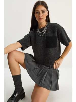 Shade Kadın Renk Blok Cepli Kısa Kollu Triko Kazak