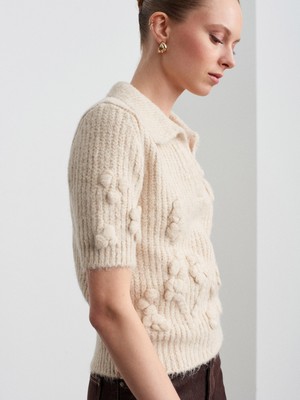 Dilvin 10829 Nakışlı Kısa Kollu Kazak-Bej