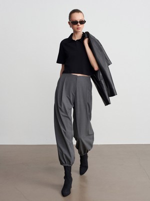 Dilvin 72224 Paçası Lastikli Pileli Pantolon-Gri