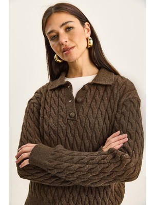 Shade Kadın Saç Örgü Polo Yaka Düğmeli Triko Kazak