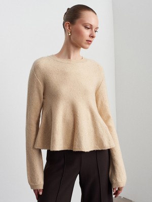 Dilvin 10832 Peplum Parıltılı Triko Kazak-Bej