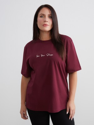 Soulife Büyük Beden Bisiklet Yaka Baskılı Kadın Tişört