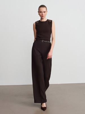 Dilvin 71932 Dikiş Detaylı Kemerli Pantolon-Koyu Kahve