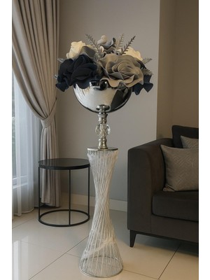 Lüks Gök Vazo - Latex Aranjman - Metal Gümüş Saksı