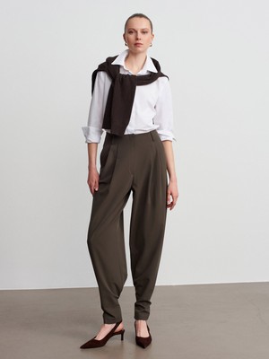 Dilvin 72228 Pileli Kumaş Pantolon-Haki