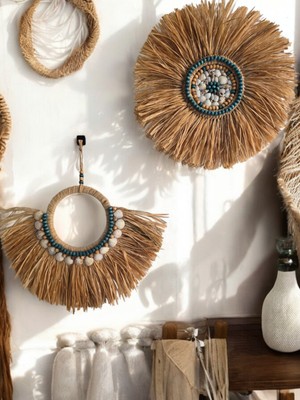 Elioure Mavi Deniz Kabuklu 2'li Rafya Duvar Süsü, Şık ve Doğal Dekoratif Obje