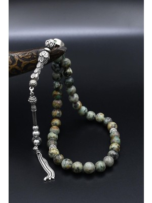 Prestige Gümüş Doğal Afrika Turkuaz Taşlı 33'lük Tesbih 925 Ayar Gümüş Püsküllü 8mm Küre Kesim 902465