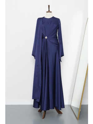 İmaj Butik Lacivert Önü Pelerinli Drapeli Saten Abiye