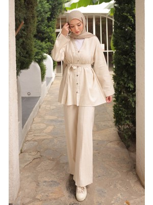 İmaj Butik Taş Bel Kuşaklı  Keten Tunik Pantolonlu Takım