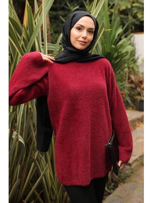 İmaj Butik Bordo Dik Yaka Angora Yumoş Triko Kazak