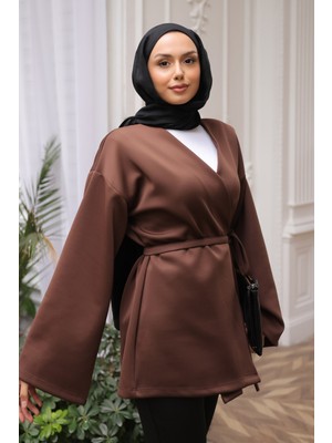 İmaj Butik Kahverengi Kuşaklı Scuba Kimono Ceket