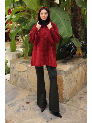 İmaj Butik Bordo Kapüşonlu Düğmeli Simli Triko Hırka