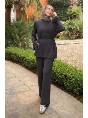 İmaj Butik Antrasit Bel Bağlamalı Tunik Pantolonlu Modal Takım