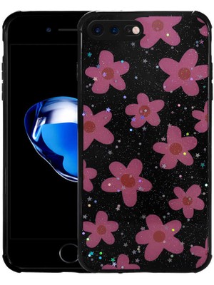Akare iPhone 7 Plus Kılıf Simli Desenli Kamera Korumalı Parlak Akre Popy Kapak-Çiçek