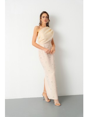 Lafaba Kadın Bej Tek Omuz Taşlı Söz Nişan Nikah Abiye Elbise